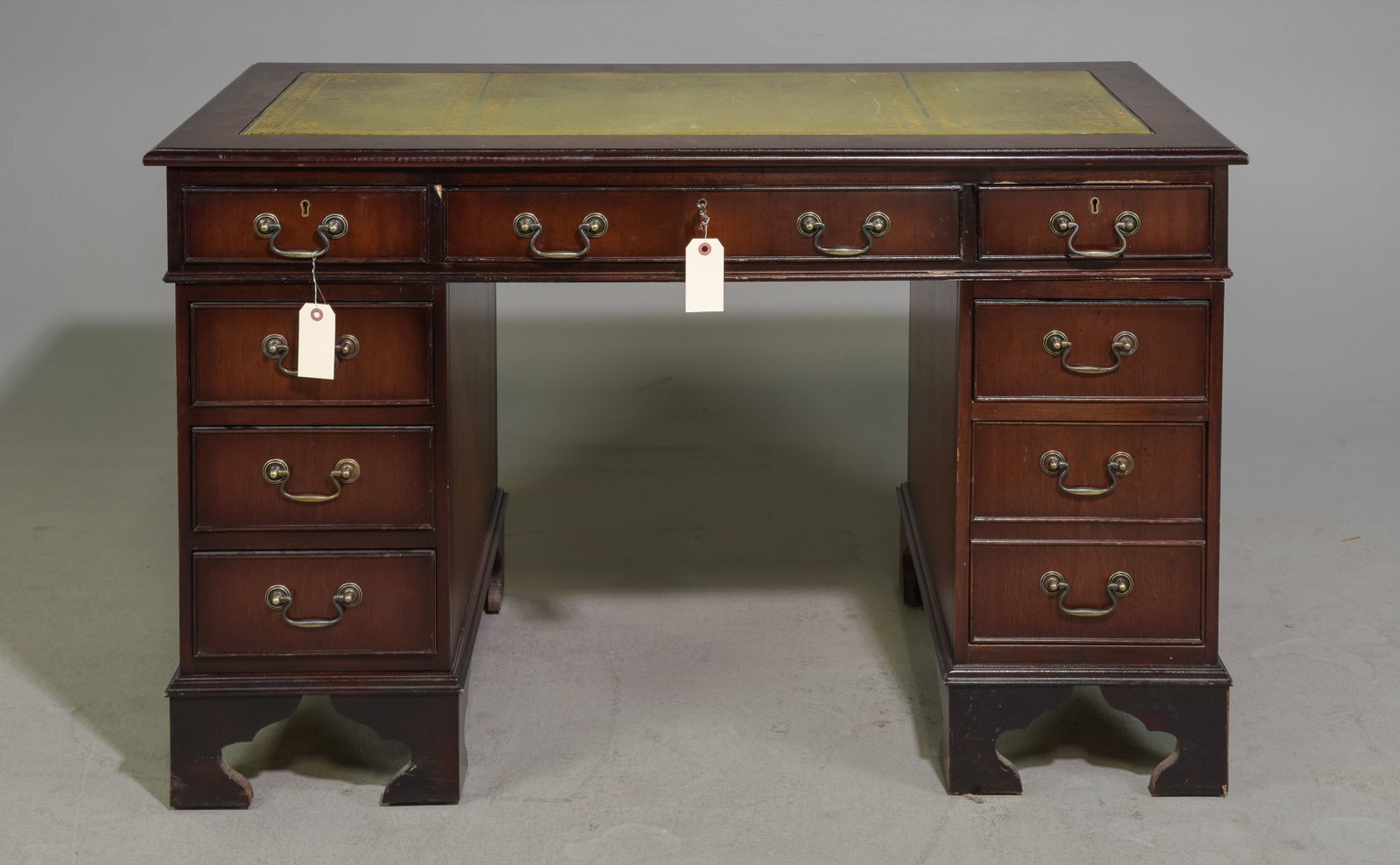 English Mahogany Green Leather Top Desk: English Mahogany Green Leather Top Desk c.1930's-40's- 30 in tall x 48 x 24.5, Kneehole is 24 x 22.5 inches