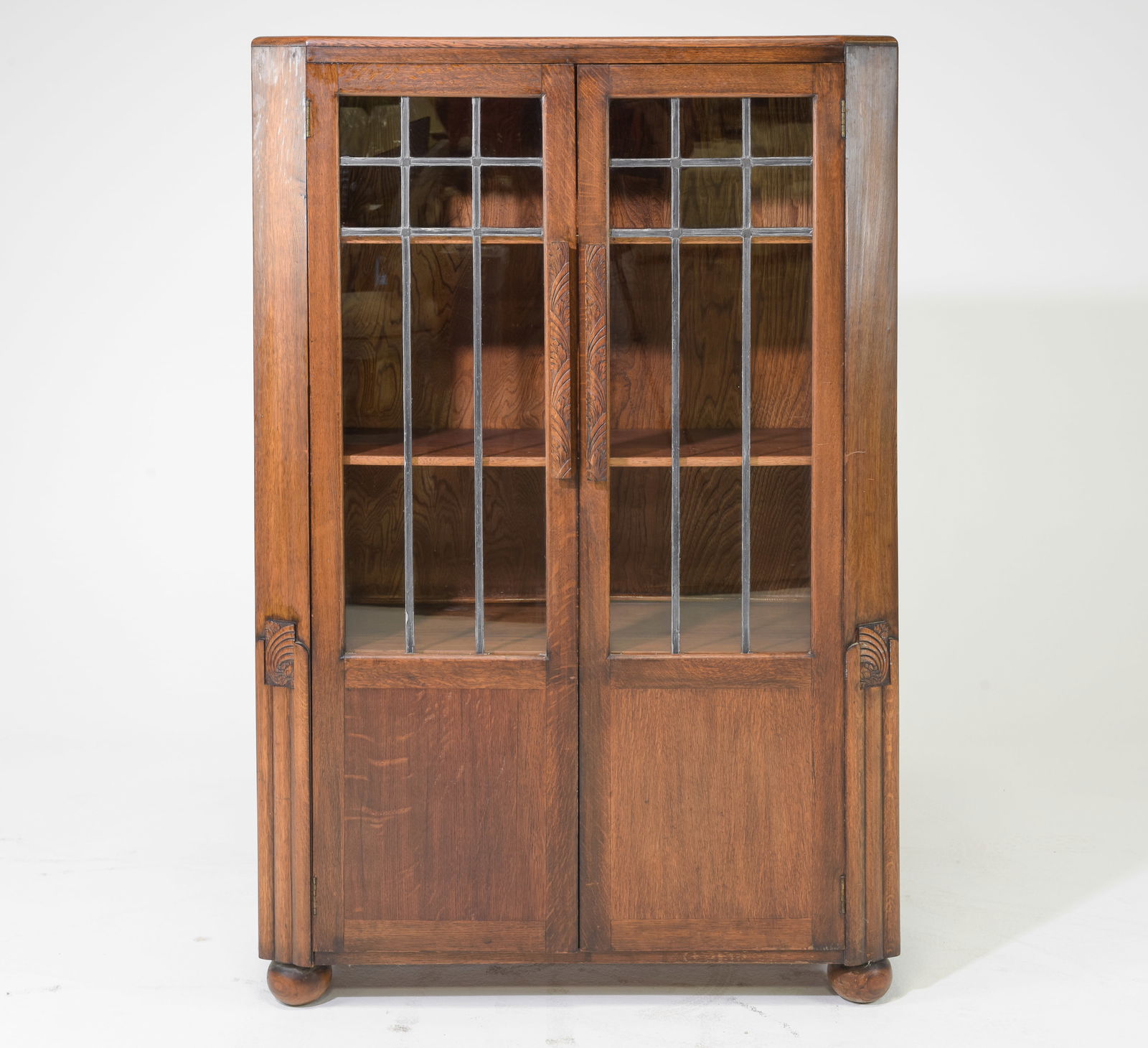 British Oak Double Door Leaded Glass Bookcase (1 of 7)