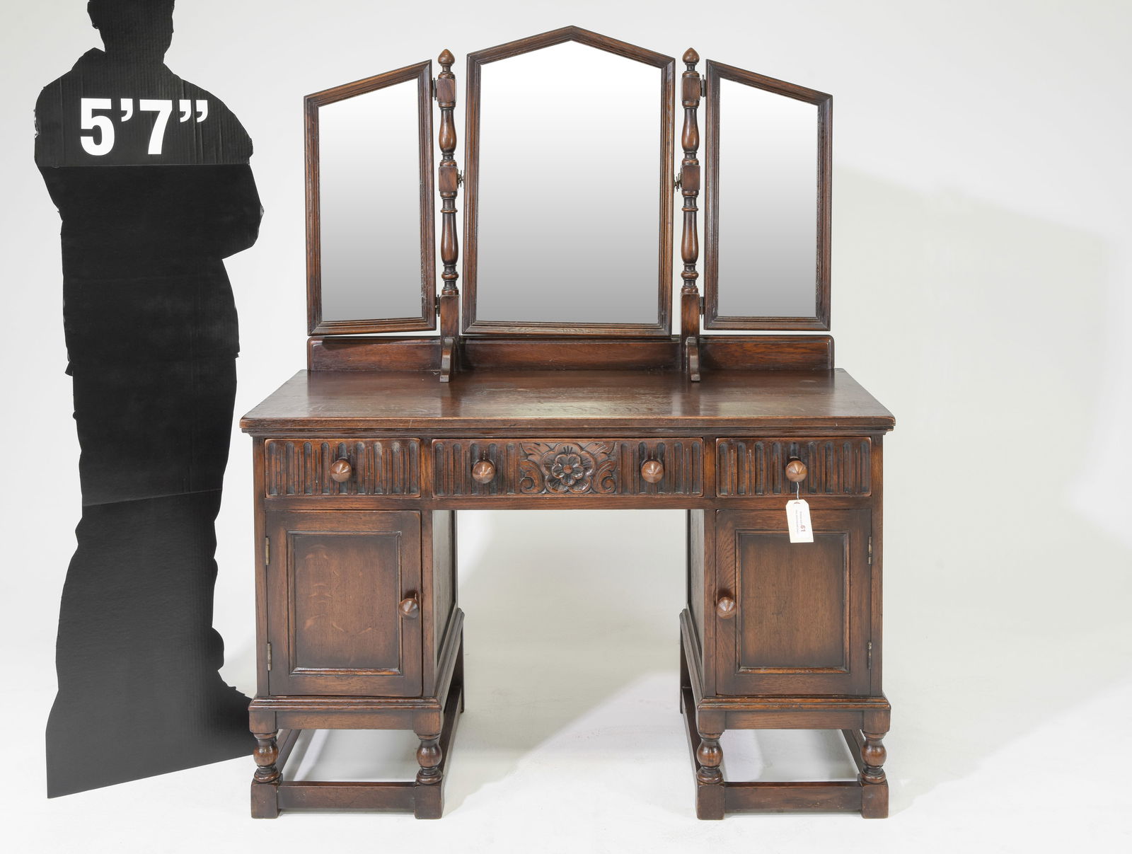 British Oak Triple Mirror Dresser c.1930's (1 of 8)