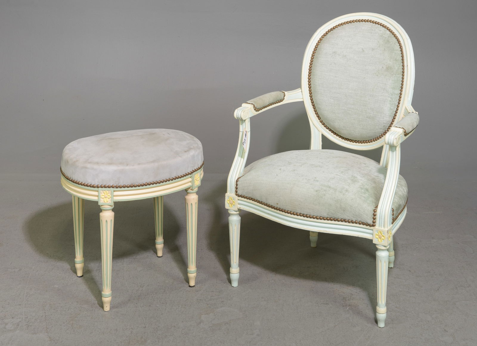 Louis XVI Style Painted Arm Chair & Foot Stool: Louis XVI Style Painted Arm Chair & Foot Stool - Chair is 25 in tall x 22.5 x 22, Seat height is 16 inches, Stool is 18 in tall x 18 x 15