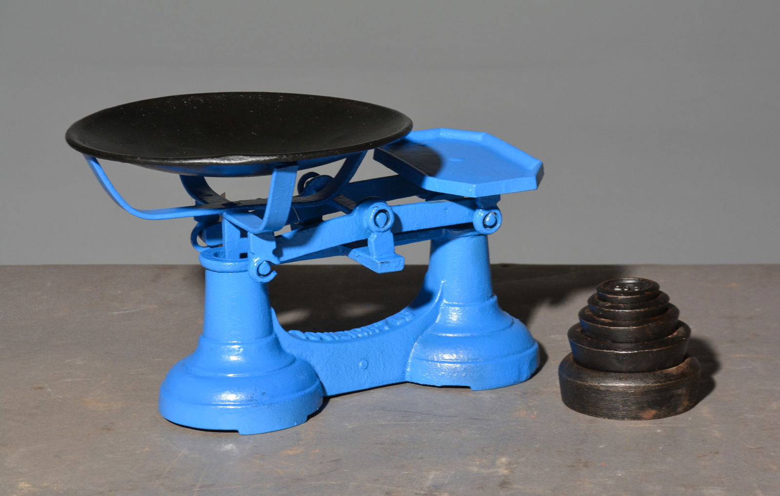 British Blue Painted Balance Scale with Weights (1 of 3)