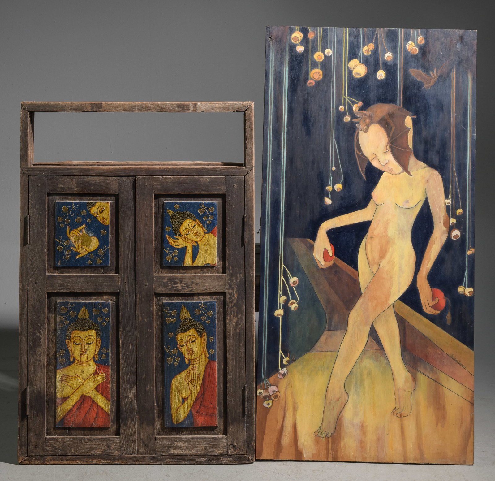 Woman Painted On Board & Painted Window: Woman Painted On Board & Painted Window - 39.5 in tall x 26 x 3 and 48 in tall x 24 x 1.5