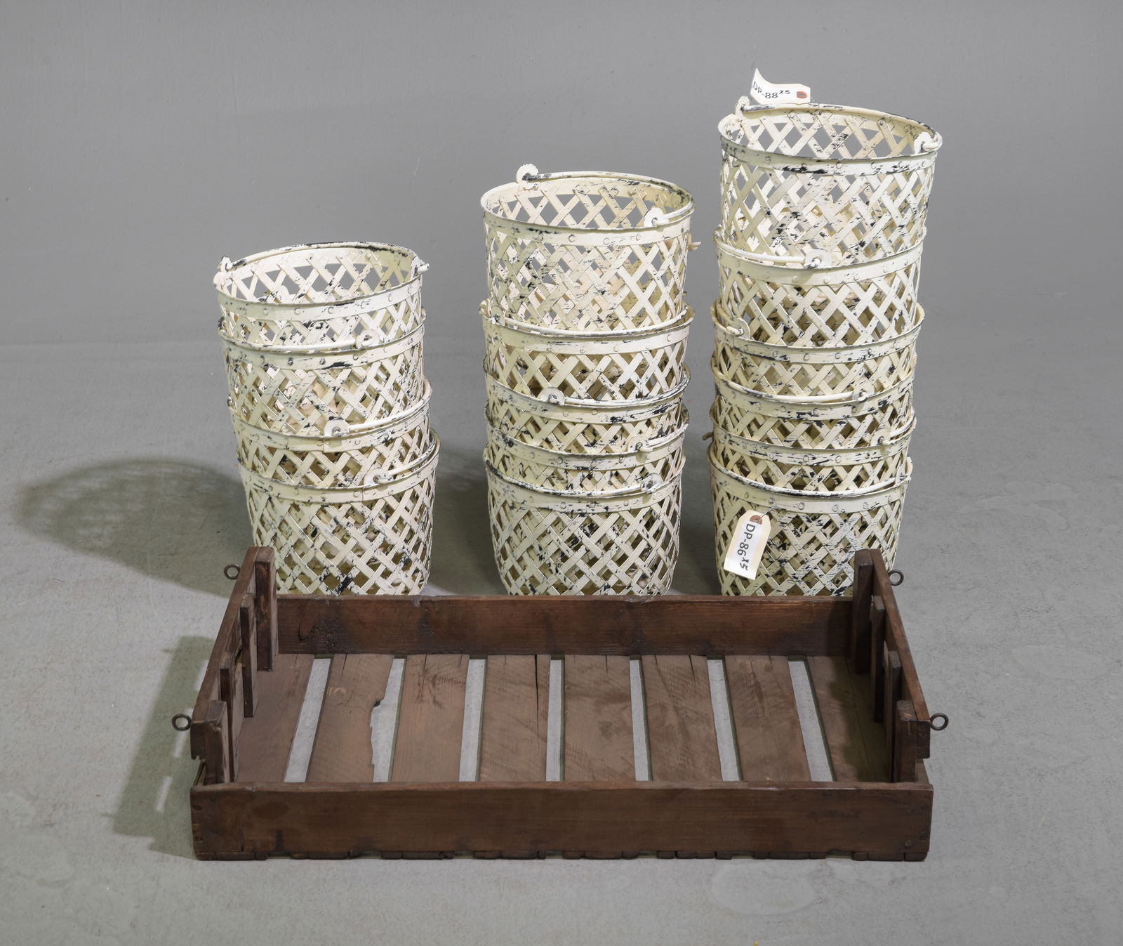 Antique Wood Tray & 15 Painted Metal Baskets (1 of 4)