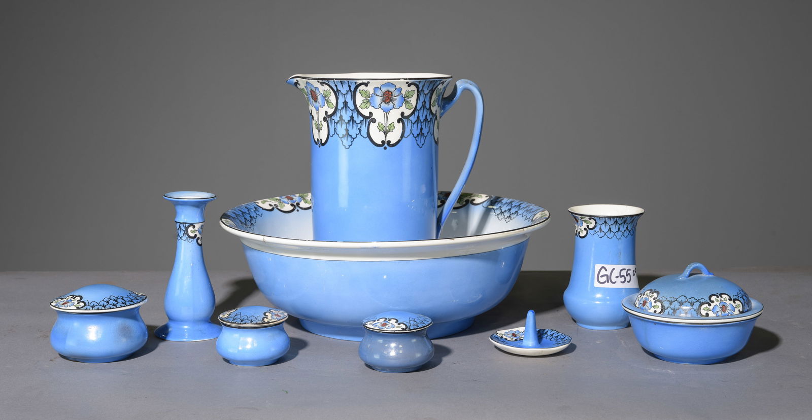 9pc English Blue Bowl & Pitcher Wash Set (1 of 7)