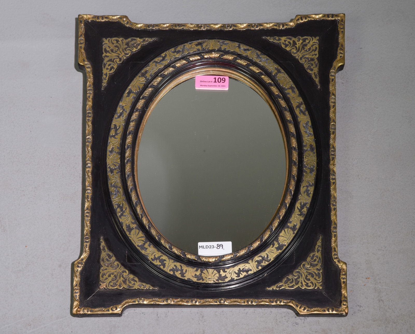 Louis XVI Style Black & Gold Framed Mirror: French Louis XVI Style Black & Gold Framed Mirror - 25 in tall x 21 x 1.75