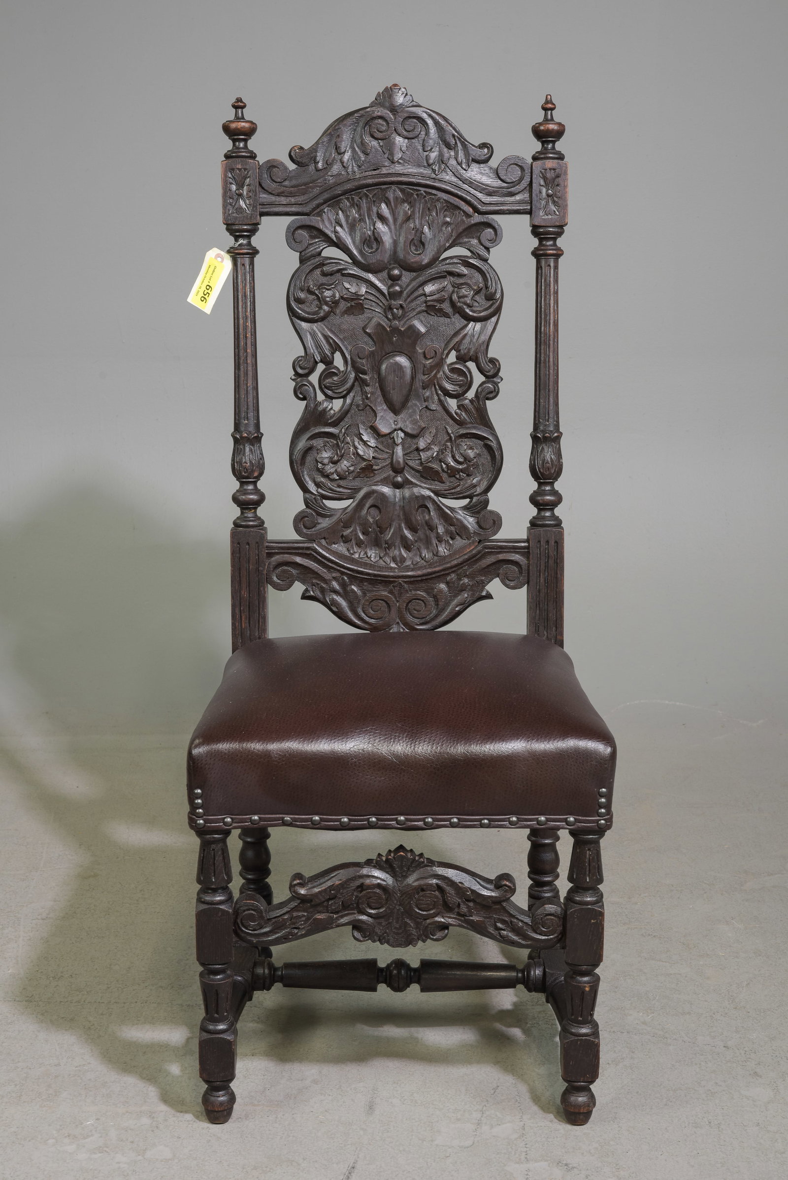Renaissance Style Carved Oak Chair: Renaissance Style Carved Oak Chair - 49 in tall x 19.5 x 18.5, Seat height is 19.5 inches