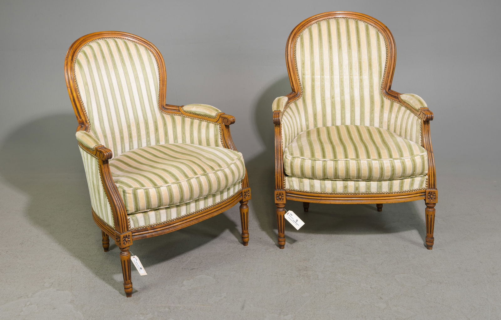 Louis XVI Style Pair of Beech Wood Bergere Chairs: French Louis XVI Style Pair of Beech Wood Bergere Arm Chairs - 37.5 in tall x 26 x 27 each with a seat height of 18 inches