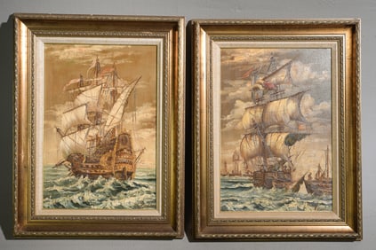2 Gold Framed Acrylic on Canvases - War Ships