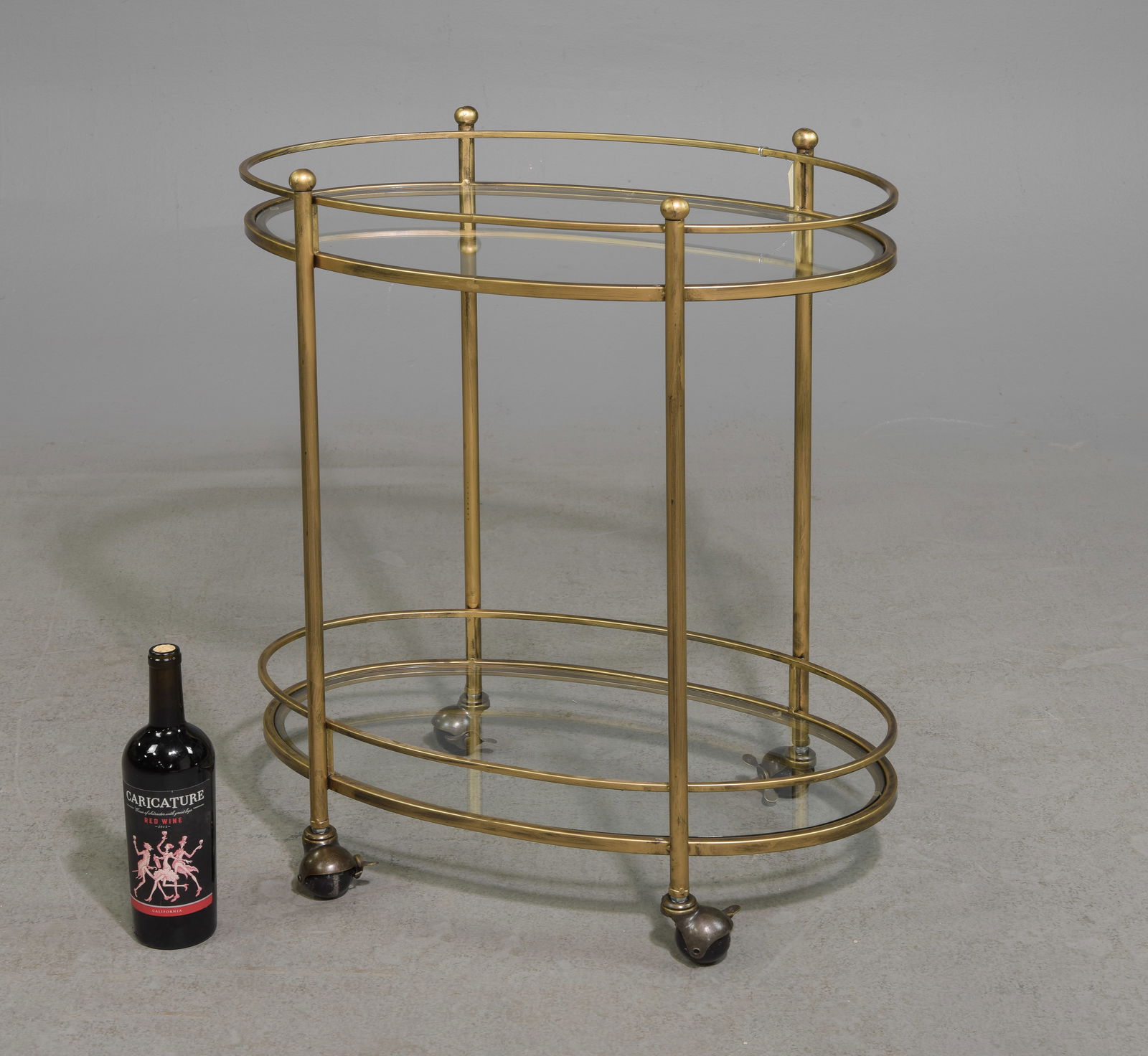 French Two Tier Gold Brushed Metal Bar Cart: French Two Tier Gold Brushed Metal Cocktail Cart / Trolley - 31 in tall x 25 x 15