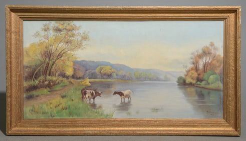 Gold Framed Oil on Canvas - Cows by River