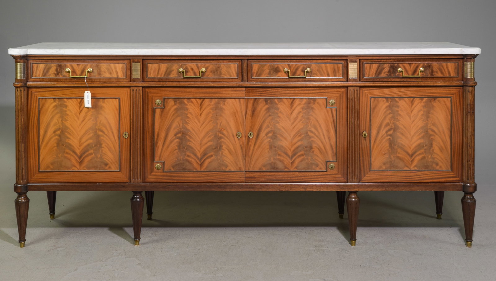 Louis XVI Style White Marble Top Sideboard: French Louis XVI Style White Marble Top Sideboard / Enfilade - 40.5 in tall x 94.5 x 22 - This is 7.87 feet long