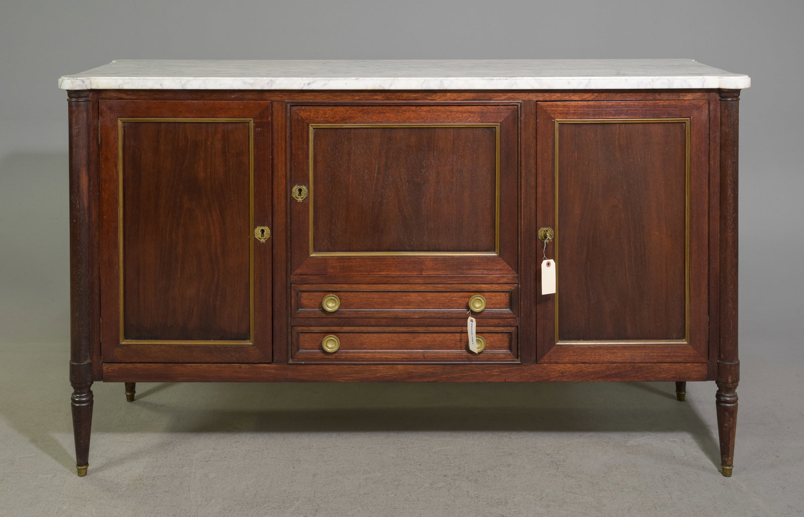 Louis XVI Style White Marble Top Sideboard: French Louis XVI Style 3 Door White Marble Top Sideboard - 40 inches tall x 67 x 21.5