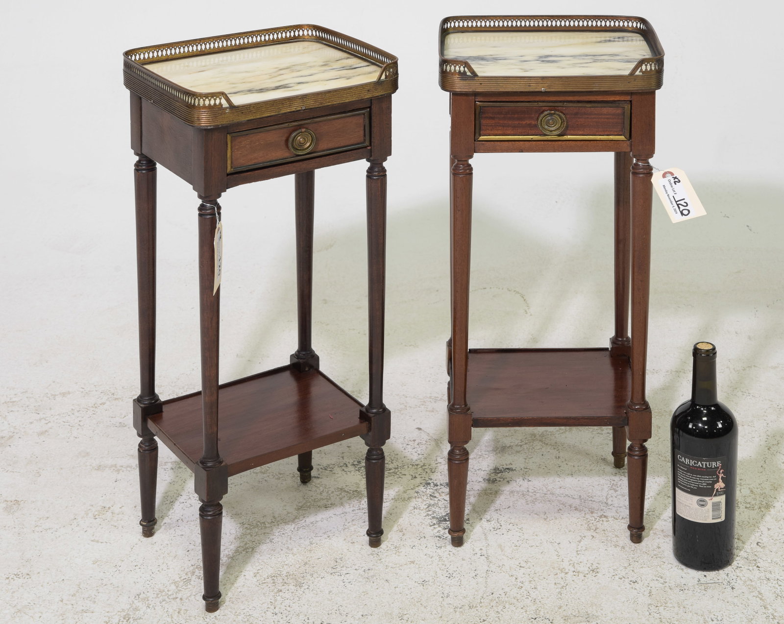 Pair Of Louis XVI Style White Marble Top Cupboards: Pair Of Louis XVI Style White Marble Top Cupboards / Nightstands - 28 inches tall x 11 x 9.5