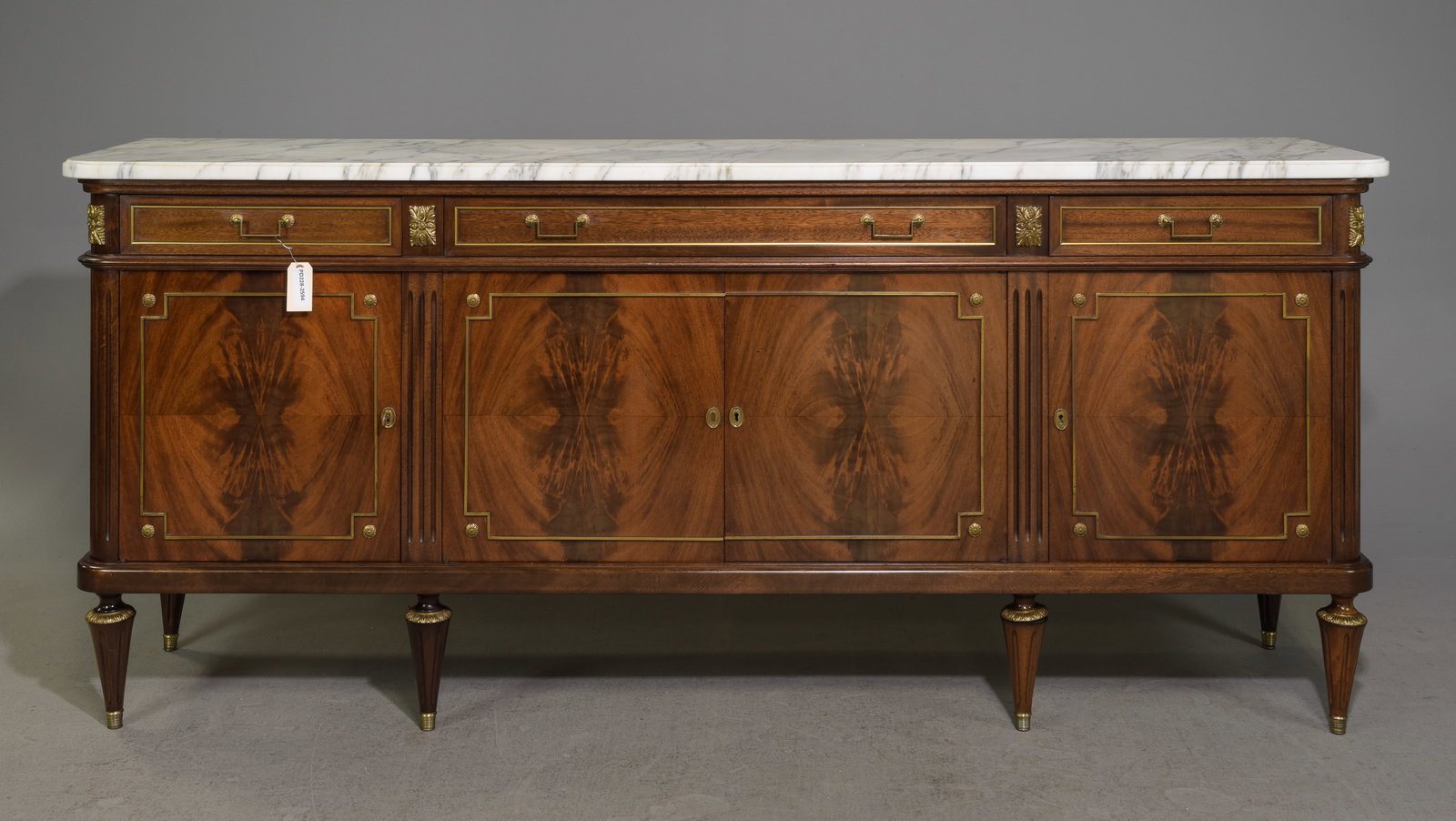 Louis XVI Style Mahogany White Marble Top Sideboard: French Louis XVI Style Mahogany White Marble Top Sideboard - 38 inches tall x 89 x 21.5