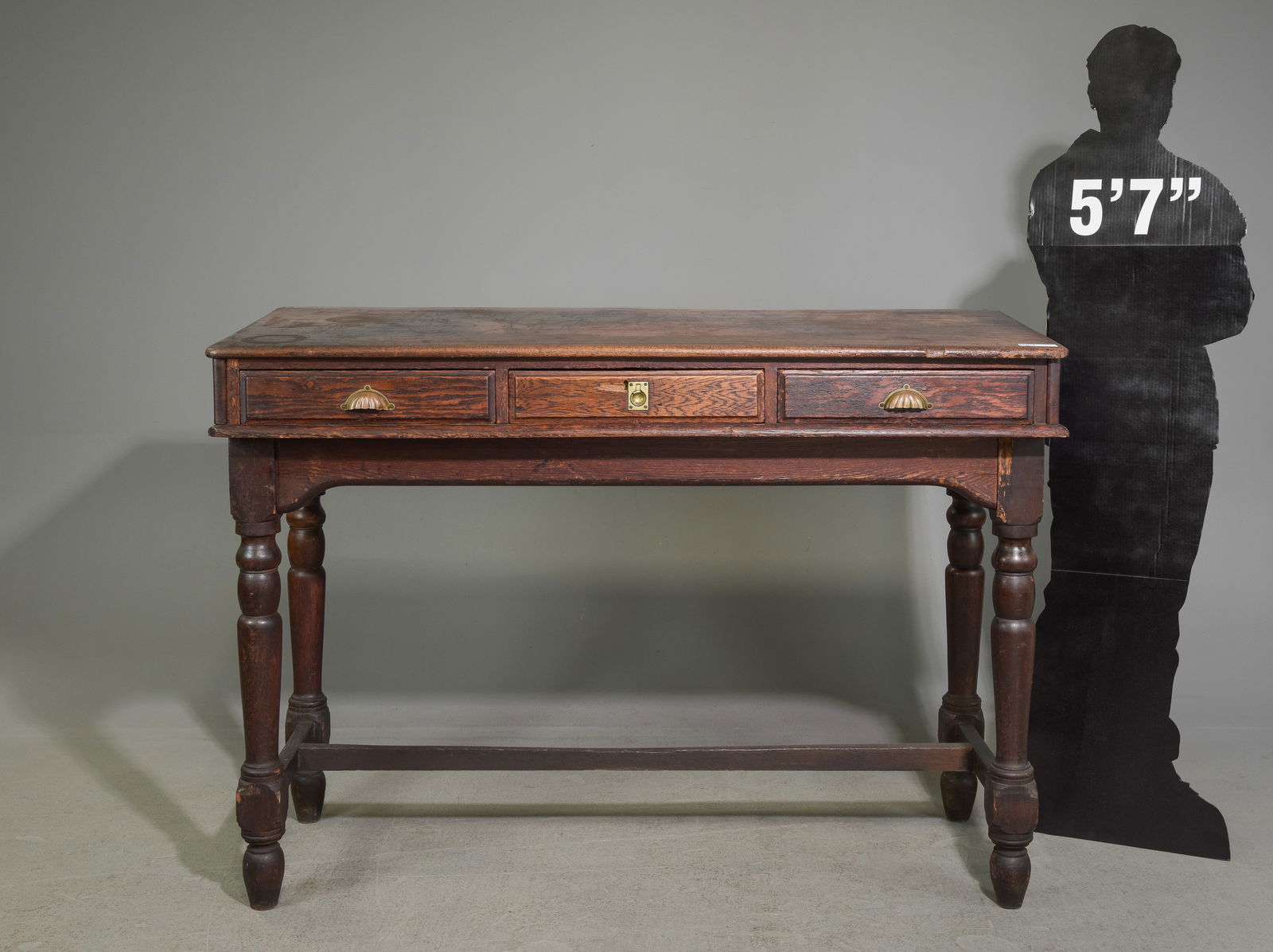 Antique 19th Century Clerks / Factory Desk: Antique 19th Century Clerks / Factory Desk - 43 in tall x 60 x 25, Floor to under is 31.5 inches and the space between the legs is 52 inches