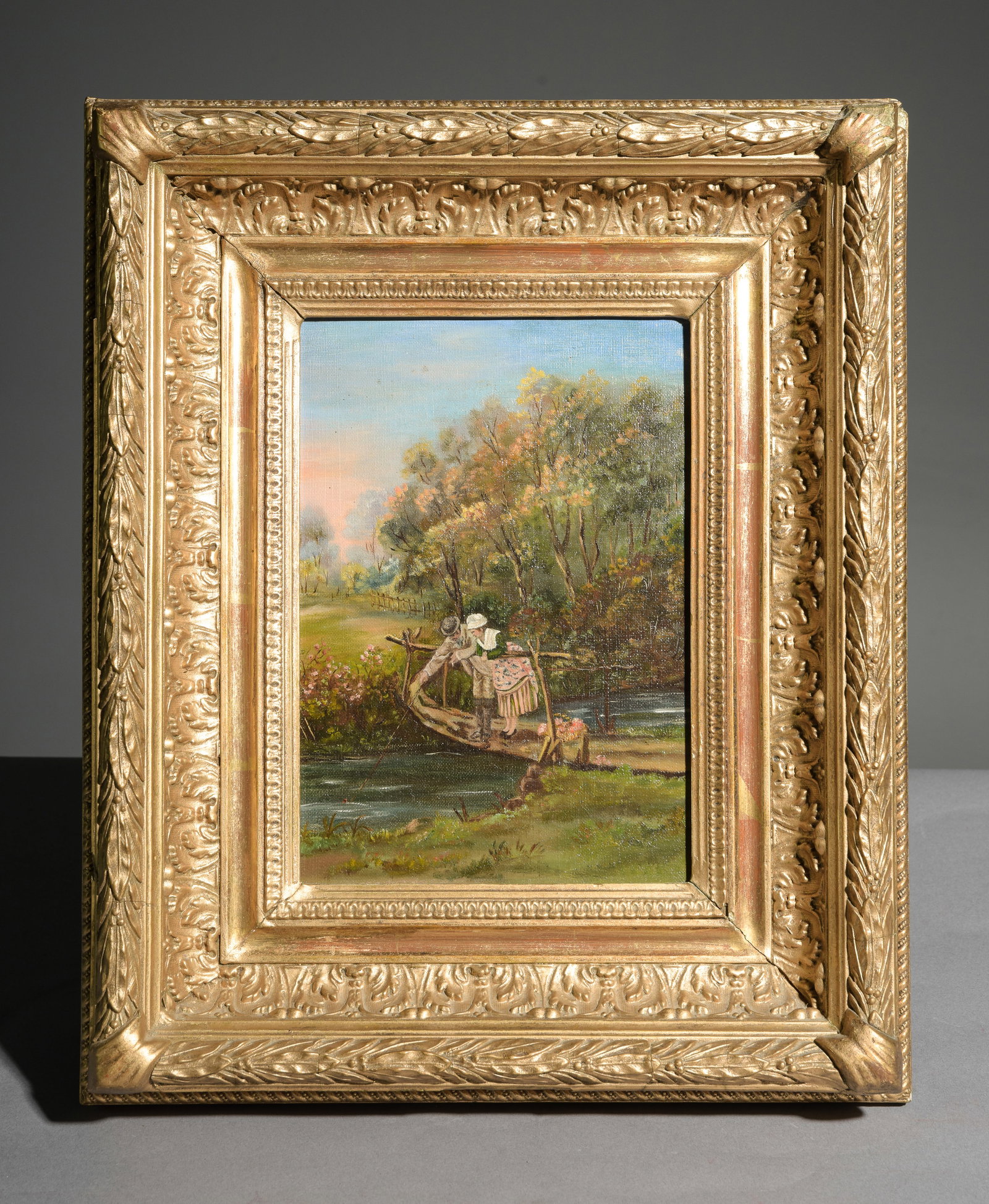 Antique Gold Framed Oil on Canvas - Couple by Stream: Antique Gold Framed Oil on Canvas - Couple by Stream - 17.5 in tall x 14.5 x 2.25 - The work itself is 10.75 in tall x 7.75 inches
