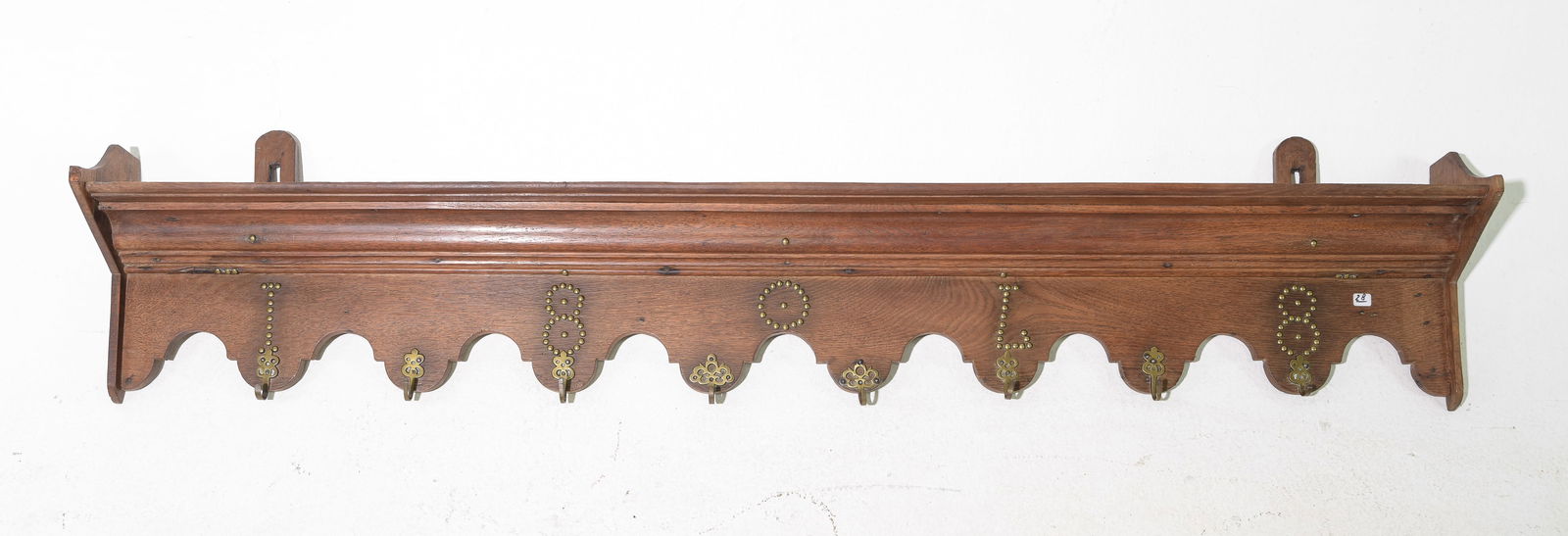 French Long Oak Wall Shelf / Rack with Hooks (1 of 3)
