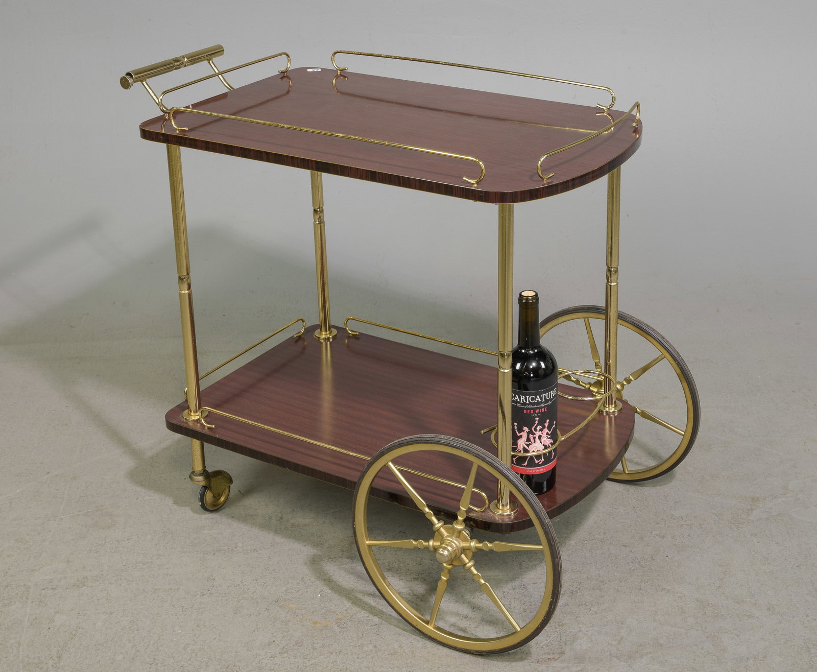 French Brass Finished & Mahogany Veneer Bar Cart: French Brass Finished & Mahogany Veneer Bar Cart / Trolley - 28 in tall x 31 x 22.5