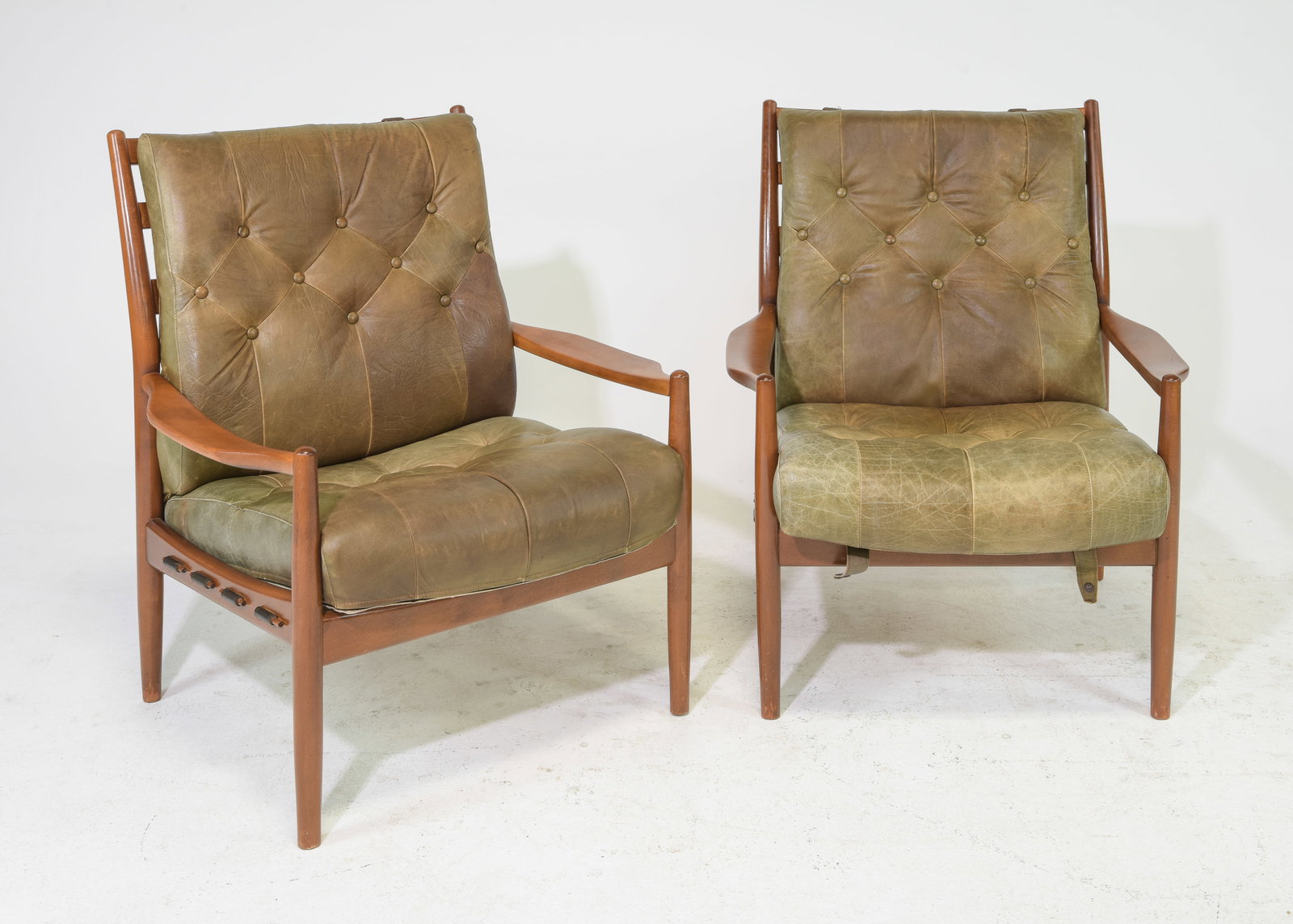 2 Scandinavian Mid Century Leather Lounge Chairs: 2 Scandinavian Mid Century Modern Button Tufted Leather Lounge Chairs by Ingemar Thillmark for Ope Lacko - 35 in tall x 27 x 25 each with a seat height of 15 inches