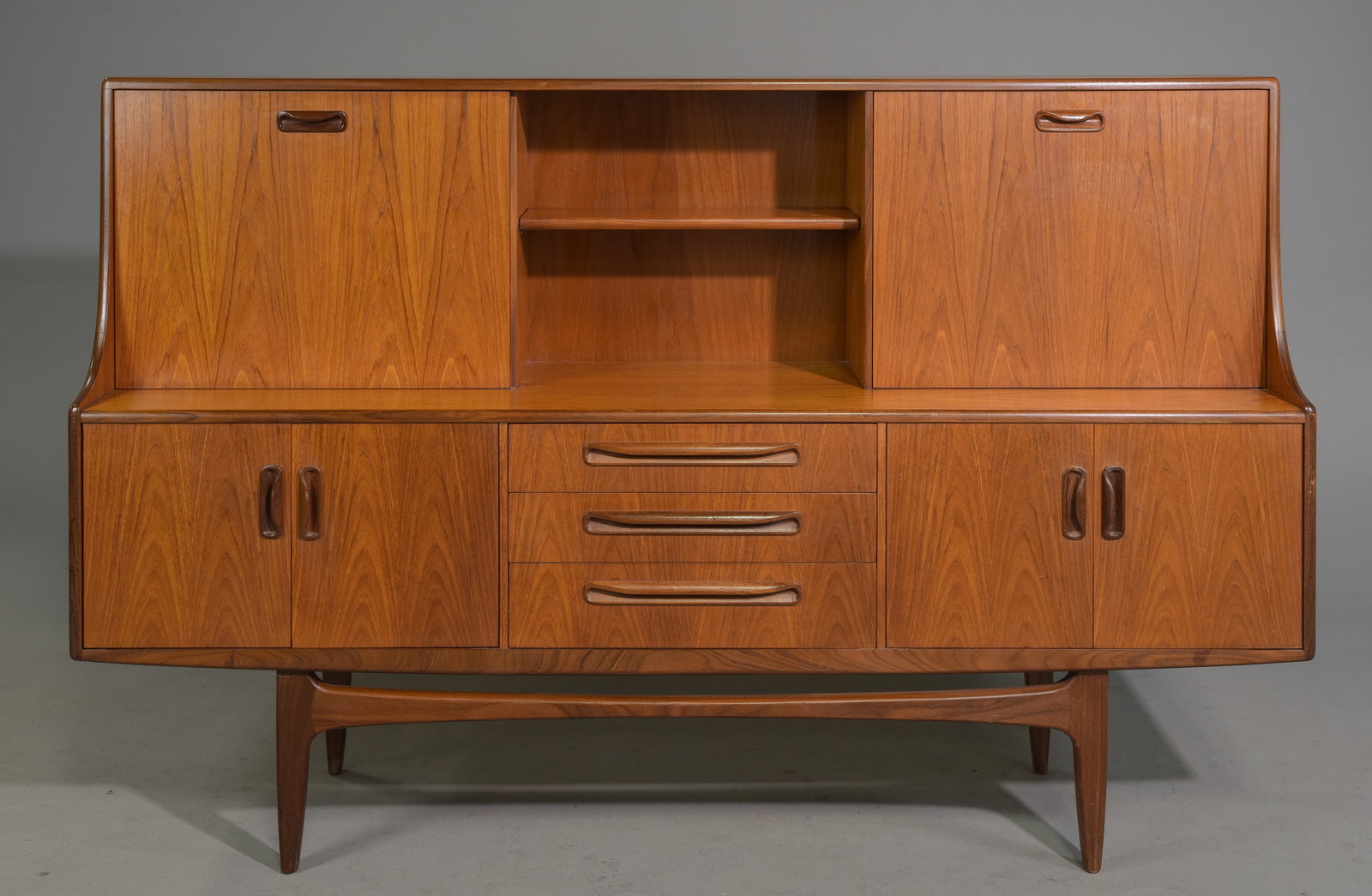 Mid Century Teak Cocktail Cabinet - Gplan - Fresco: This Danish Modern Style hutch / high board is British and made by Mid Century Modern Furniture Maker G Plan ( Gplan ) & is part of their "Fresco" Range. It has a drop down section and open stretcher 