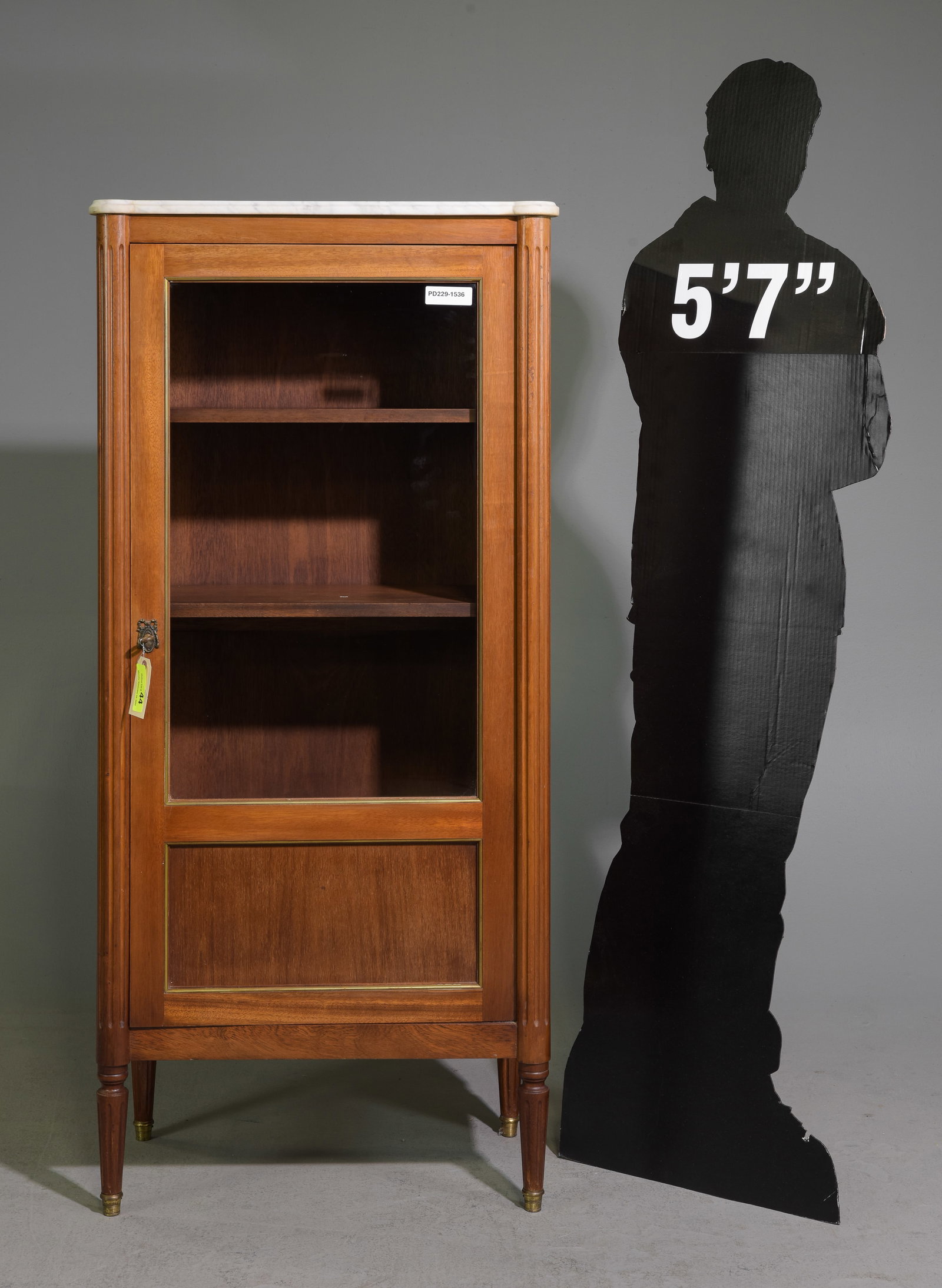 Louis XVI Style White Marble Top Vitrine: French Louis XVI Style White Marble Top Mahogany Vitrine / Cabinet with Brass Finished Trimming and Fluted Detail c.1930's-40's - 57 in tall x 27 x 15