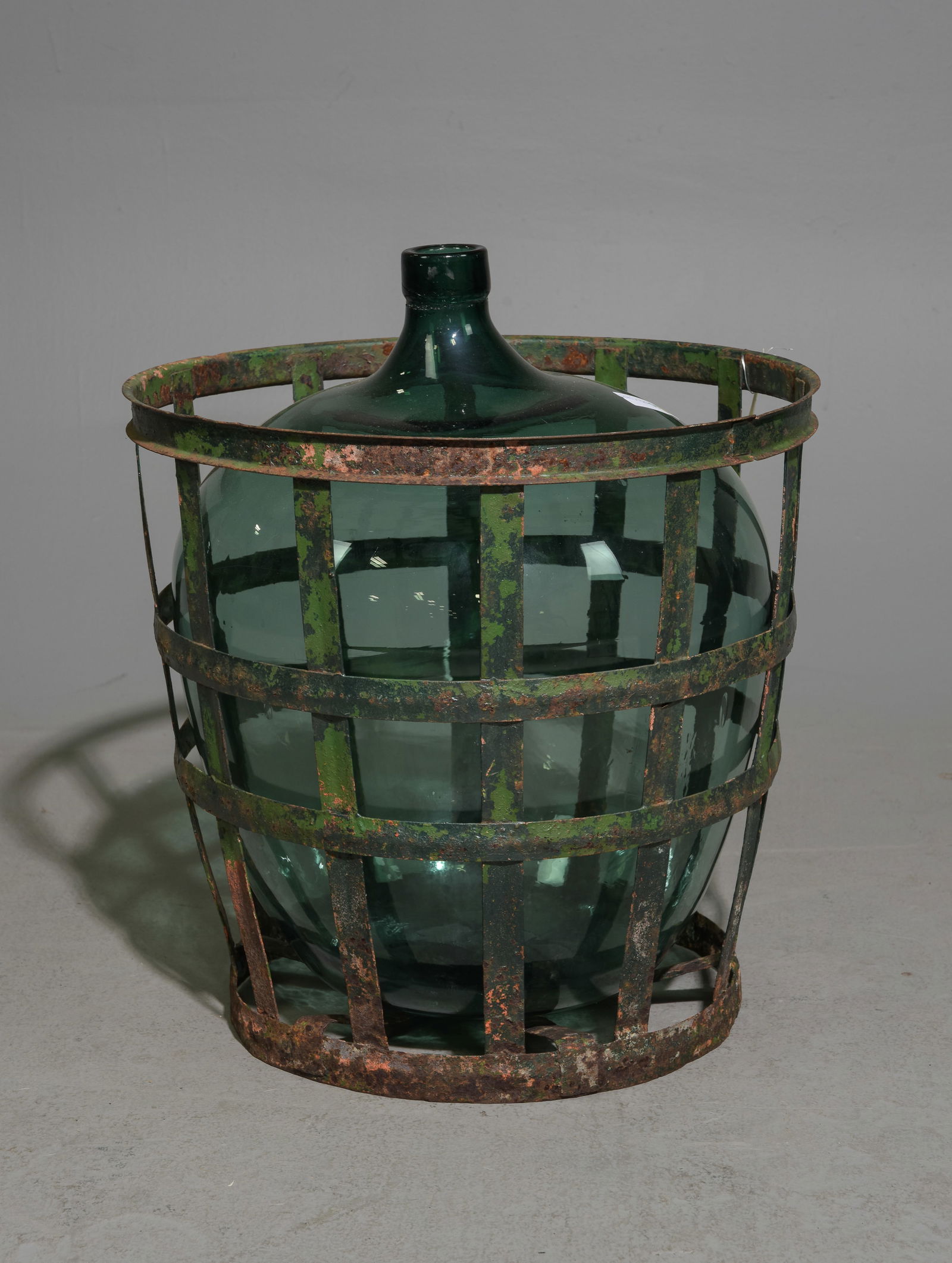 Green Glass Large Demijohn / Bottle In Iron Basket (1 of 3)