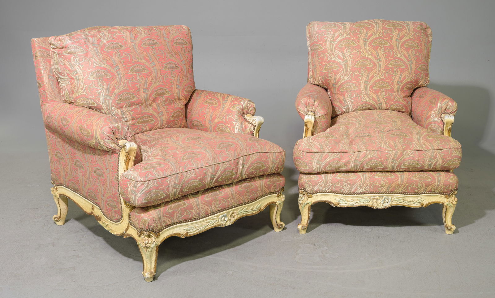 Pair Of Louis XV Style Painted Arm Chairs: Pair Of French Louis XV Style Painted Arm Chairs - 36 inches tall x 32 x 37, seat height is 19 inches