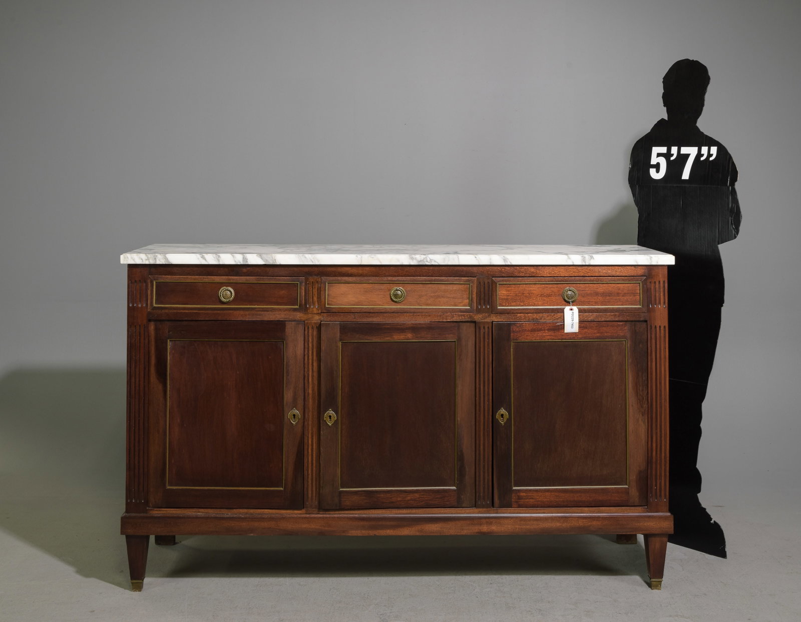 Louis XVI Style White Marble Top Sideboard: French Louis XVI Style White Marble Top Mahogany Sideboard / Enfilade c.1930's-40's - 41 in tall x 67 x 18.5