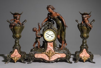French Art Nouveau Style Figural Clock with Garnitures