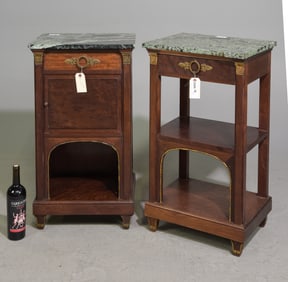 Two French Empire Style Marble Top Nightstands
