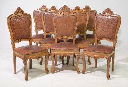 Louis XV Style Set of 8 Oak Leather Embossed Chairs