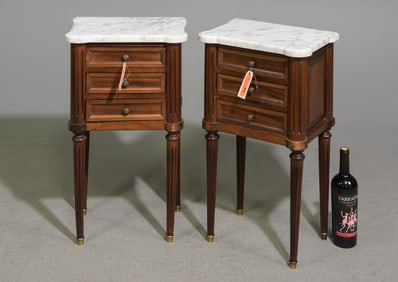 Louis XVI Style Pair of White Marble Top Chests