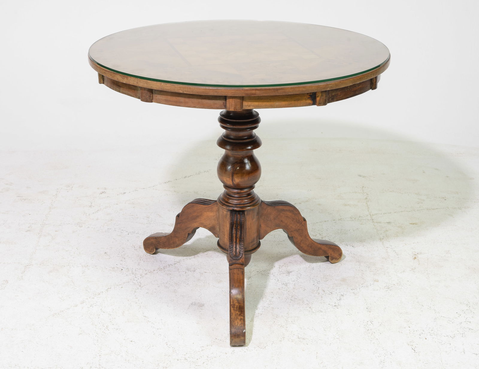 French Fine Marquetry Inlaid Glass Top Game Table (1 of 5)