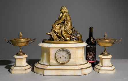 Neoclassical Style Gilded Figural Onyx Clock Set