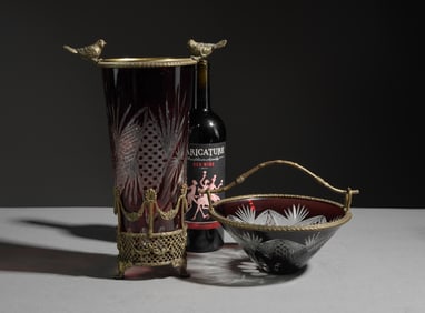 Bronze Mounted Red Cut Crystal Vase & Candy Dish