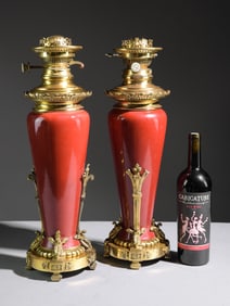 French Pair of Brass Finished Metal Mounted Oil Lamps