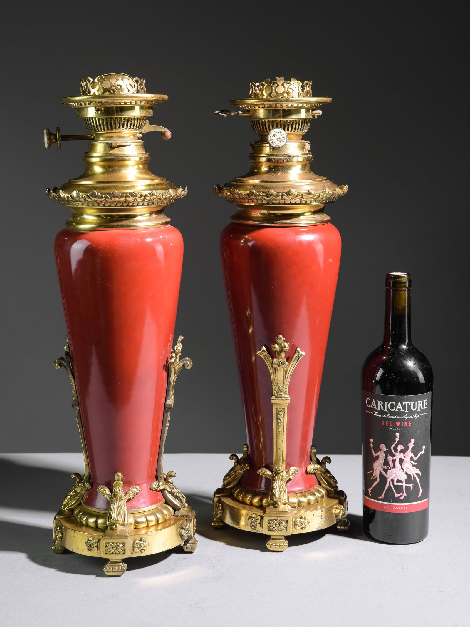 French Pair of Brass Finished Metal Mounted Oil Lamps: French Pair of Brass Finished Metal Mounted Oil Lamps - 20 in tall x 6 inch diameter each