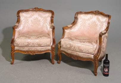 Louis XV Style Pair of Pink Upholstered Arm Chairs