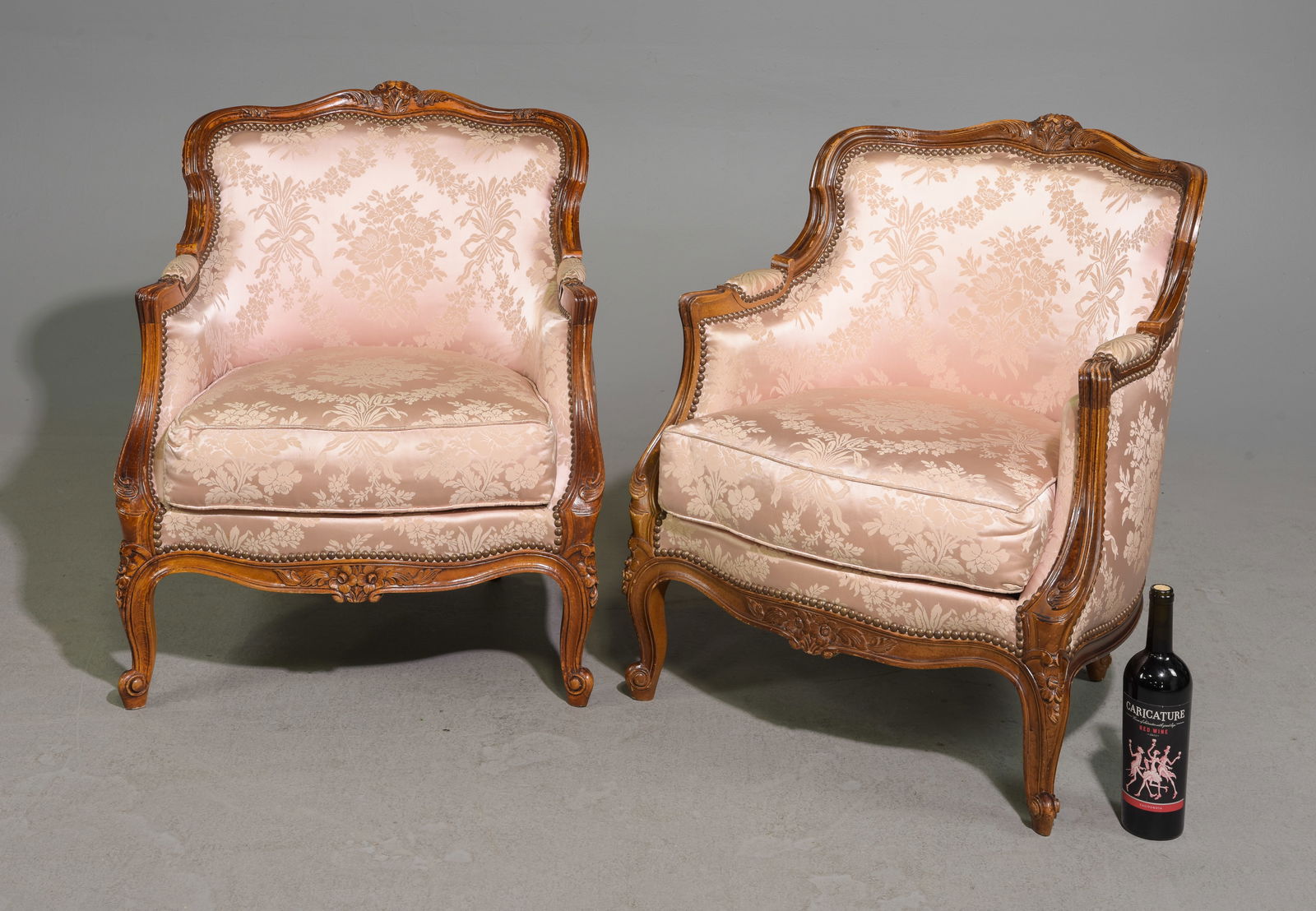 Louis XV Style Pair of Pink Upholstered Arm Chairs: French Louis XV Style Pair of Pink Upholstered Arm Chairs c.1930's-40's - 30 in tall x 26 x 26 each with a seat height of 17 inches