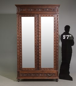French Carved Oak Double Mirror Door Armoire