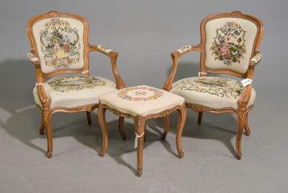 2 Louis XV Style Arm Chairs & Foot Stool