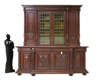Henri II Style Monumental Oak Stained Glass Cupboard