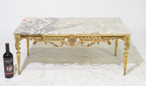 Louis XVI Style Marble Top Coffee Table with Brass Base
