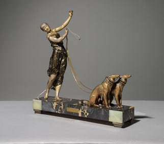 French Art Deco Spelter & Marble Woman with Dogs