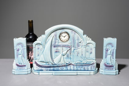 French Art Deco Style Ceramic Clock with Garnitures