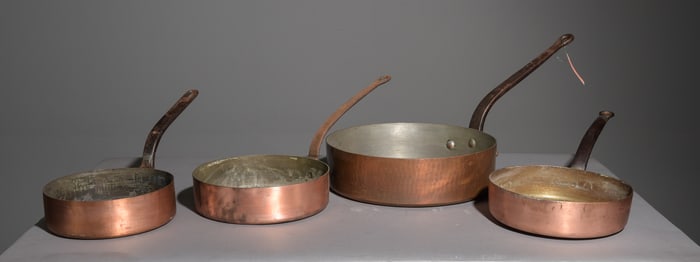 4 Large Copper Pans with Iron Handles