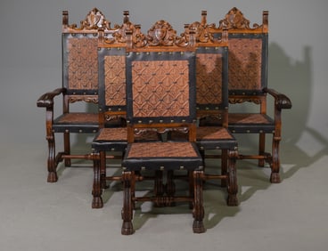 Set Of 6 Spanish Style Embossed Leather Chairs