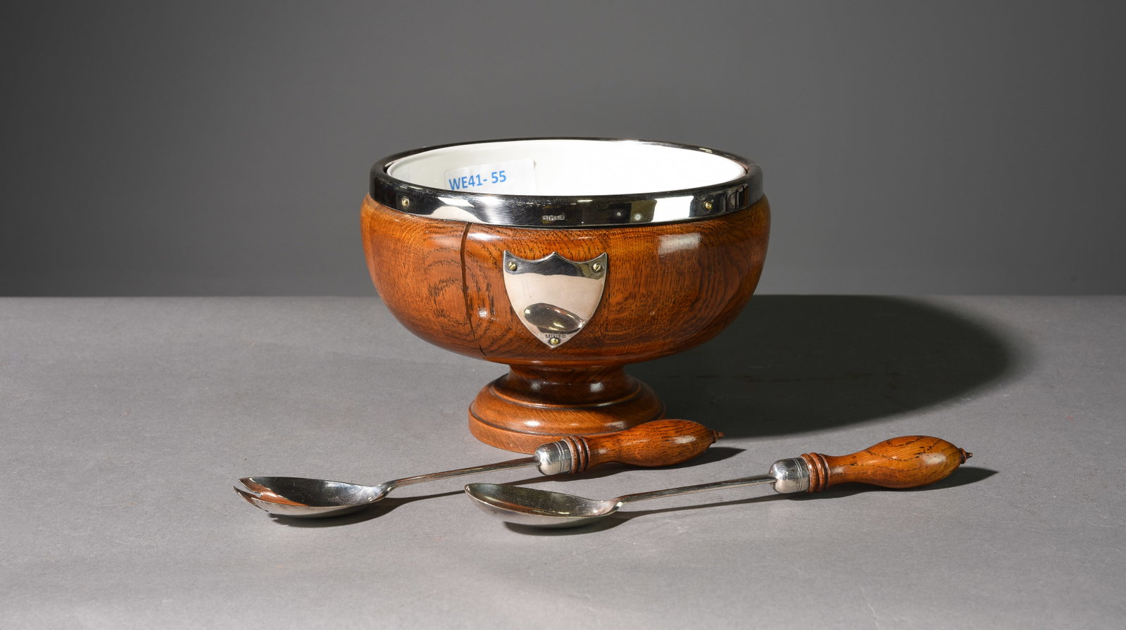British Oak Trophy Bowl with Utensils c.1930's-40's: British Oak Trophy Bowl with Utensils c.1930's-40's - 7 in tall x 10 inch diameter