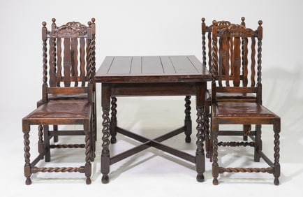 British Oak Barley Twist Draw Leaf Table & 4 Chairs
