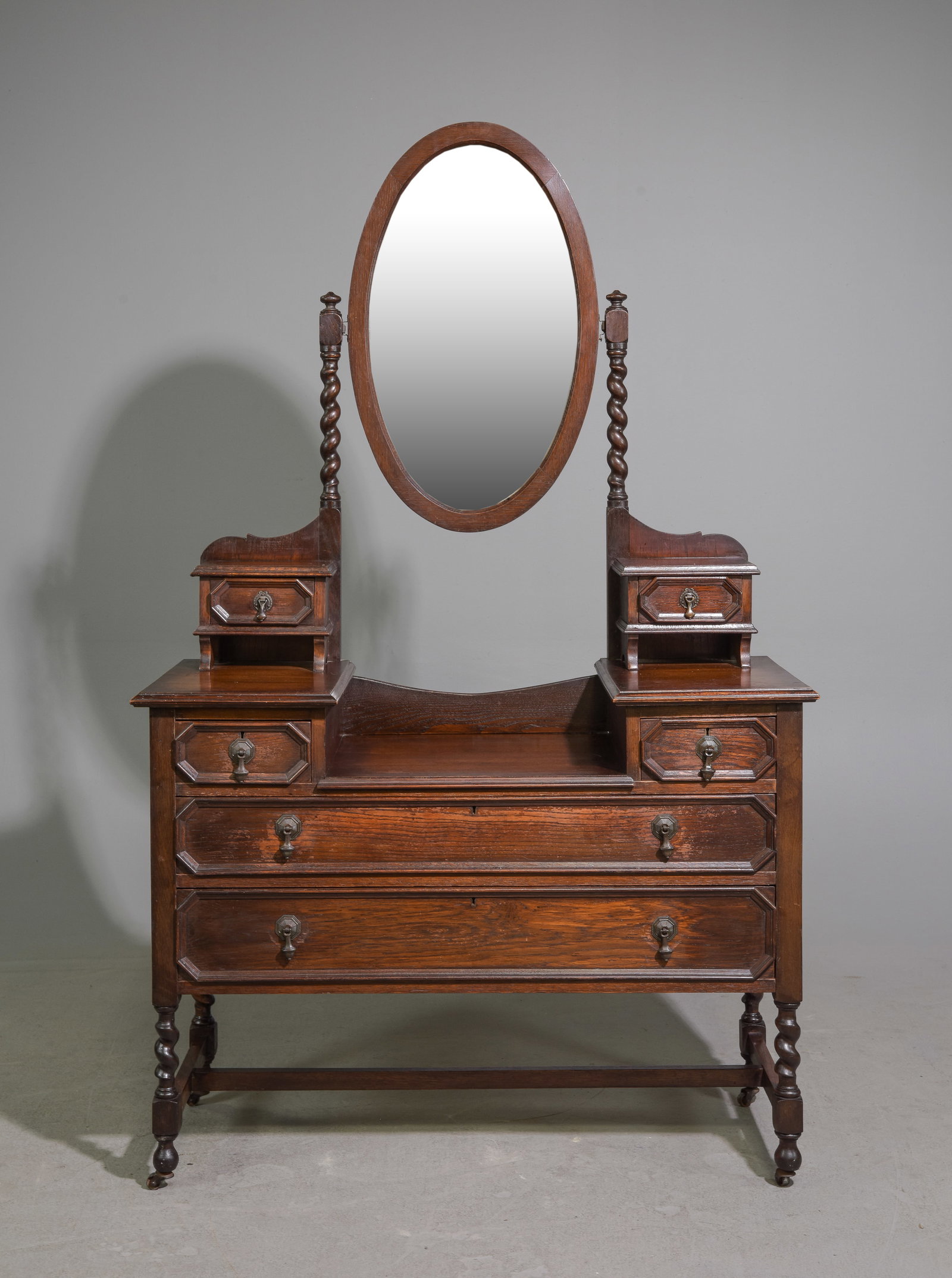 British Oak Barley Twist Mirrored Dresser: British Oak Barley Twist Mirrored Dresser - 70 inches tall x 43 x 18